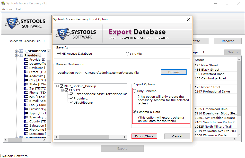Export Only Schema or with data